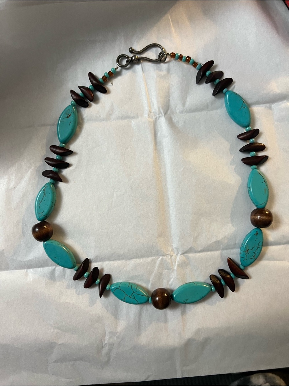 Turquoise and Brown Beaded Women’s Necklace - hook clasp